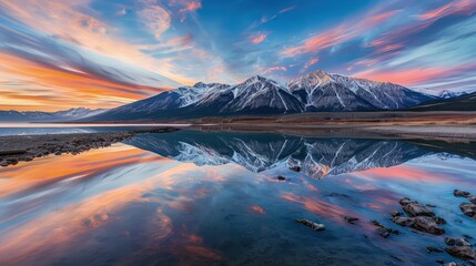 Poster - An awe-inspiring mountain lake landscape with a dynamic multi-colored sky painted with shades of pink, orange, and blue as the sun rises over the horizon. 