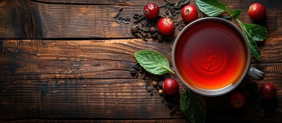 Canvas Print - Aromatic Cup of Red Tea with Mint and Berries on a Rustic Wooden Background