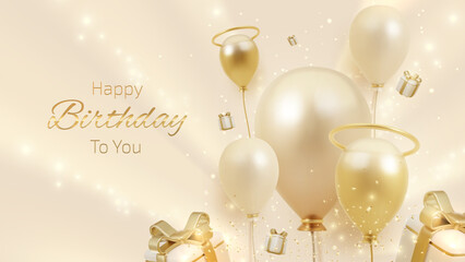 Wall Mural - happy birthday card with circle frame elements and neon lights decorated with gift boxes, balloons, 