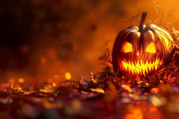 Wall Mural - Halloween wallpaper with scary glowing pumpkin, seasonal background with copy space