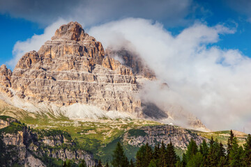 Wall Mural - The mighty wall of one of the peaks Tre Cime di Lavaredo. Location place Dolomites alp, South Tyrol, Italy, Europe.