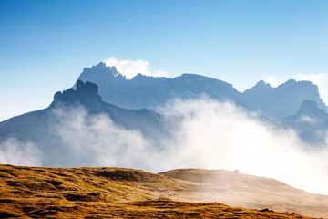 Poster - Highland scenery with rocky massif in the Italian Alps. Location place Sexten Dolomite, South Tyrol, Italy, Europe.