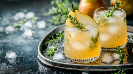 On the steel tray, a fresh and healthful mocktail or cocktail with ice, pear, and herbs. a cool beverage in the garden