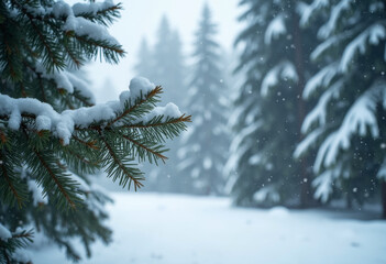 A snowy scene with pine trees and snow falling from the branches, winter landscape.