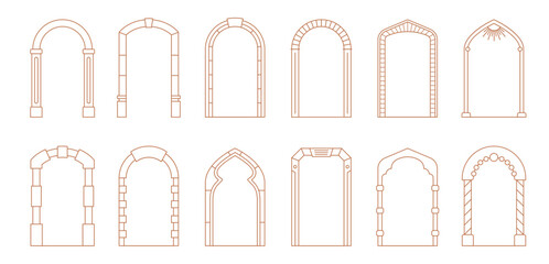 Wall Mural - art deco arch windows, door frames with vector line ornaments and boho shapes borders. vintage archi