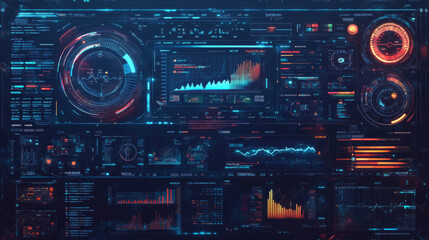 Poster - Sci-fi futuristic HUD dashboard display for virtual reality technology. A large collection of HUD and GUI elements designed for VR and UI interfaces. Features statistics, data information