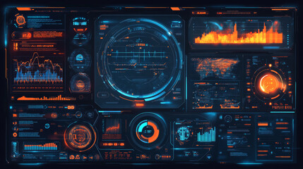 Poster - Sci-fi futuristic HUD dashboard display for virtual reality technology. A large collection of HUD and GUI elements designed for VR and UI interfaces. Features statistics, data information