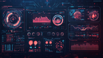 Poster - Sci-fi futuristic HUD dashboard display for virtual reality technology. A large collection of HUD and GUI elements designed for VR and UI interfaces. Features statistics, data information