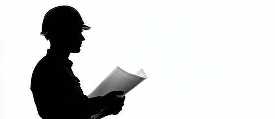 In this silhouette of a construction engineer he is holding a scroll-shaped building project, he is wearing a shirt and helmet. He is standing on a white isolated background with an abstract concept