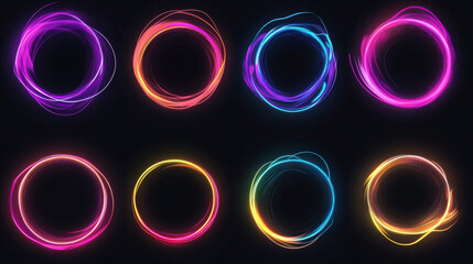 Poster - set of glowing neon color circles with curved, wavy dynamic lines, isolated on a black background. t