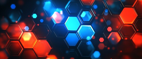Poster - three-dimensional rendering of a black, blue, and pink hexagonal background pattern
