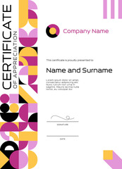 Poster - Certificate of appreciation template, abstract modern geometric pattern border. Vector business achievement diploma or award, certificate of appreciation vertical template with creative graphic decor