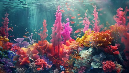 underwater dreamscape: explosion of color among corals and marine life, vibrant and enchanting