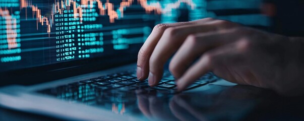 Poster - an investor's hand hovers over a keyboard while analyzing real-time data on healthcare and biotech s