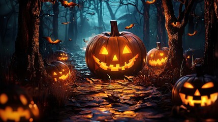 image of scary halloween pumpkin face with glowing face on dark background, halloween poster