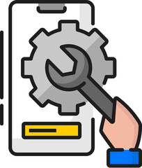 Fototapete - Mobile system maintenance and update line icon. Smartphone system maintenance technology, PC app service download linear vector icon with smartphone, cogwheel, and human hand, holding wrench,