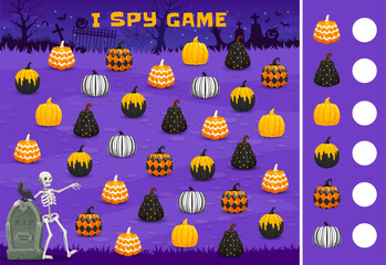 Aufkleber - Halloween I spy kids game with patterned pumpkins on cemetery, vector puzzle worksheet. Find and match correct object picture of witch pumpkins in Halloween horror night cemetery with RIP tombstones