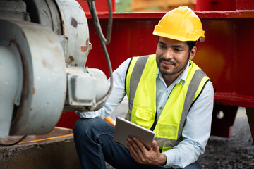 Wall Mural - India Asia engineer man worker checking machine and use tablet computer with spare crane background	