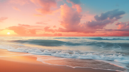 Wall Mural - Tropical beach. Sunset on the sea waves.