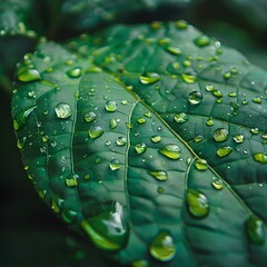 Poster - Close up of Vibrant Green Leaf with Glistening Raindrops Nature s Refreshing Beauty in the Rain