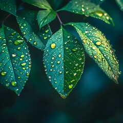 Poster - Vibrant Raindrops Cling to Lush Green Leaf in Rainy Nature Scene