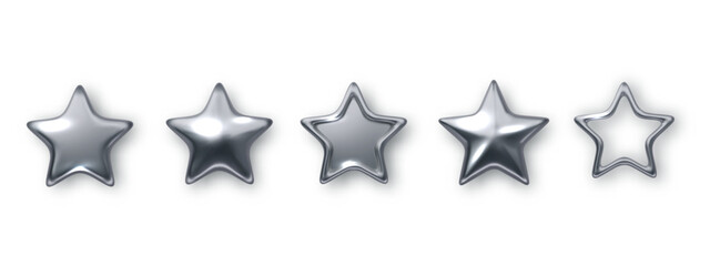 Wall Mural - metallic silver stars isolated. five-pointed stars of various shapes png. christmas 3d design. symbo