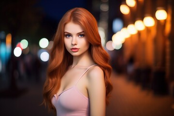 Wall Mural - A woman with long red hair stands in front of a city street at night