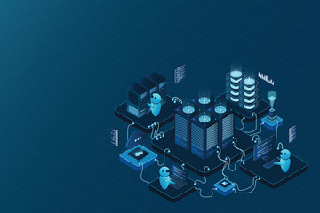 Poster - Isometric data center or server room. Data center connection network. Cloud storage. Isometric high technology concept. Vector illustration