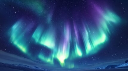 A breathtaking view of the northern lights dancing across the night sky. The shimmering green and purple auroras create a dazzling and ethereal display in the dark, star-filled sky.