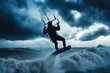 © DKPhoto - A daring kitesurfer braves the stormy ocean conditions, cutting through waves under dramatic, cloud-filled skies as they navigate gusty winds.