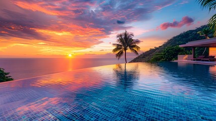 Poster - Breathtaking Sunset Overlooking Serene Infinity Pool in Tropical Paradise