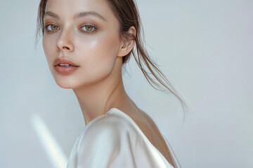 Wall Mural - Young woman with perfect skin posing in studio wearing white silk top