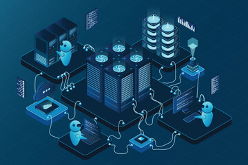 Fototapete - isometric data center or server room. data center connection network. cloud storage. isometric high 