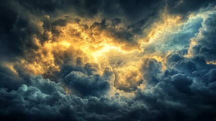 A captivating sky with dramatic, towering thunderclouds and occasional bursts of sunlight breaking through. The mix of dark clouds and bright rays creates a dramatic and dynamic visual experience.