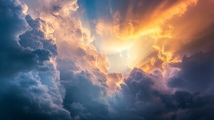 A captivating sky with dramatic, towering thunderclouds and occasional bursts of sunlight breaking through. The mix of dark clouds and bright rays creates a dramatic and dynamic visual experience.