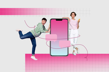 Wall Mural - Creative photo collage young woman man smartphone touchscreen display app dating match communication conversation textbox messenger