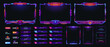 © Vector Tradition - Neon overlay game screen and panel interface frames, vector GUI buttons and controls. Online live stream game interface of neon bars with gamer names and UI information signs, chat and menu options