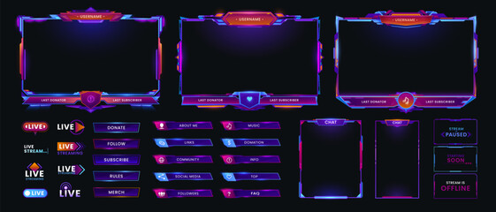 Poster - Neon overlay game screen and panel interface frames, vector GUI buttons and controls. Online live stream game interface of neon bars with gamer names and UI information signs, chat and menu options