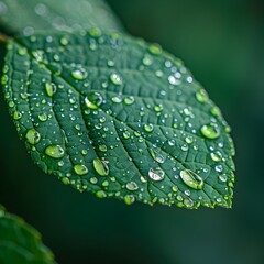 Poster - Vibrant Raindrops on Lush Green Leaf Showcasing Nature s Delicate Patterns
