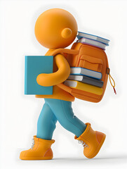 Canvas Print - 3D Flat Icon of Student with Backpack and Books: Anticipating the Excitement of Returning to School   Whimsical Background with Ample Space for Text or Graphics on White Background