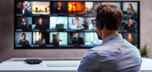Poster - businessman participating in video conference call with diverse team on large screen, remote work, d