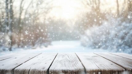 Snowy wooden table top with a blurred winter background, perfect for product displays or holiday mockups, featuring frosty nature, snowfall, and a serene winter scene.