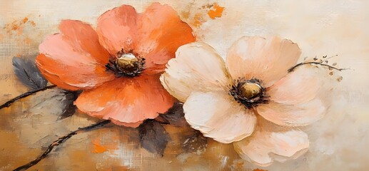 close up of a painting of two flowers inspired in monet, warm soft colors, brown and oranges