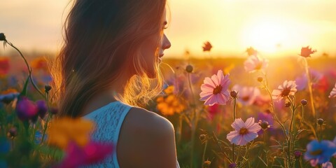 Woman in flower field at sunset