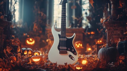 Enchanting Halloween Glow: Spooky White Guitar Illuminated for Haunting Music Concepts