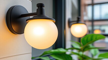 Wall Mural - A cozy apartment interior featuring sleek wall lights casting a warm glow against a beautifully designed backdrop with greenery