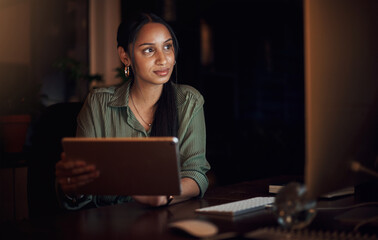 Aufkleber - Woman, tablet and night office for business, corporate workplace and computer for website research for project. Employee, social networking and planning connection, app and overtime on internet