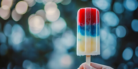 Wall Mural - A close-up of a hand holding a homemade popsicle with layers of red, white, and blue, symbolizing a patriotic theme against a blurred background. 4th of July, american independence day