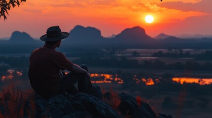 Sticker - Man Witnessing Sunset Over Mountains