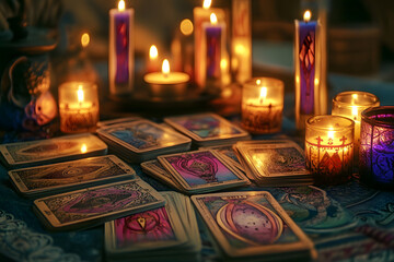 Assortment of tarot cards and lit candles arranged on a tabletop, 